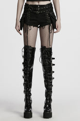 Black Lace-Up Women's Punk Denim Shorts with Detachable Pocket